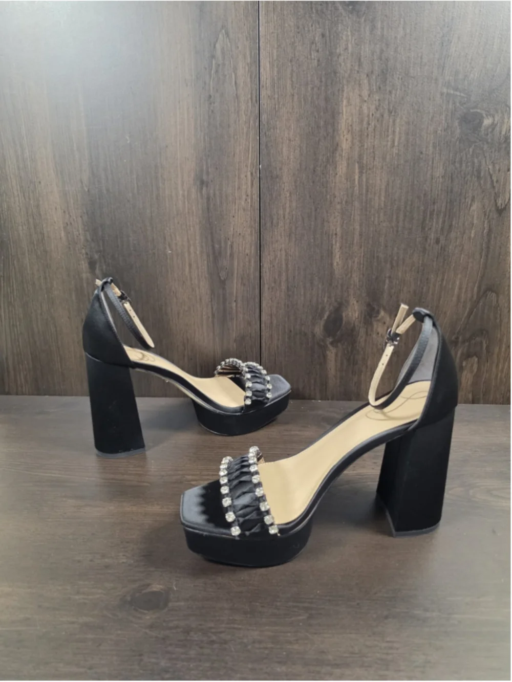 Sam Edelman Ninette Crystal Rhinestones Pleated Block Heels 7.5 M Black Satin
